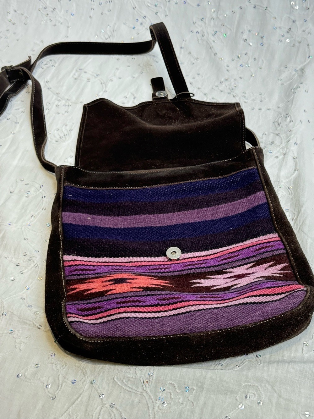 Handmade Ecuadorian Suede Boho Crossbody Bag Woven Tribal Textile - Picture 3 of 6